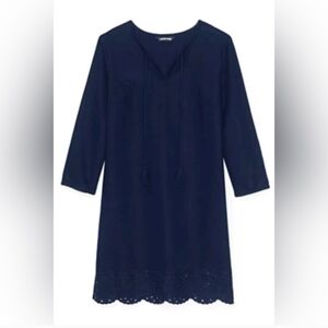 Land's End Linen Cotton Navy Blue Eyelet Lace Swim Cover-up Tunic Dress XL 18